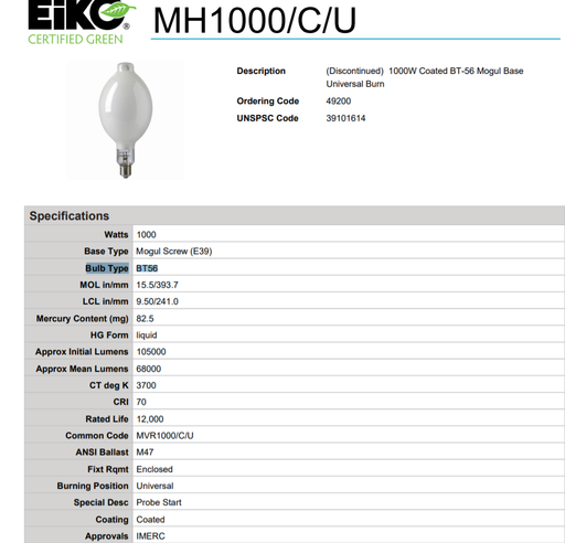 Metal Halide Bulb EiKO 49200 MH1000/C/U 1000 Watt Metal Halide Bulb Coated BT-56 Mogul Base EiKO