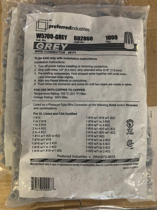 Preferred Industries W5700-Grey 602860 Grey Wire Connector (Bag 1000)