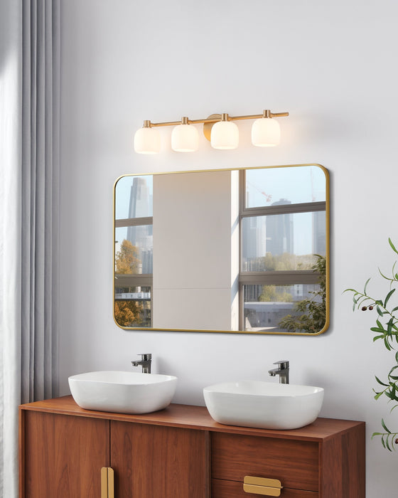 Vanity Light Thesis 207019A Valentina 30 inch 4 light Champagne Gold Vanity Light with Etched Opal Glass Shades THESIS