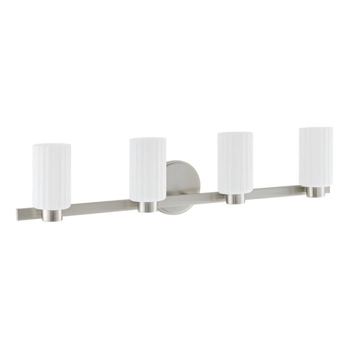 Vanity Light Thesis 207048A Bedminster 30 inch 4 light Brushed Nickel Vanity Light with Etched Opal Ribbed Glass Shades THESIS