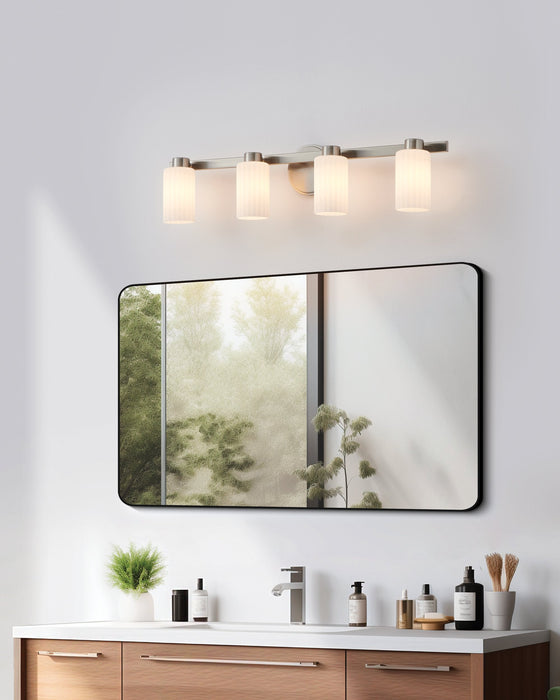 Vanity Light Thesis 207048A Bedminster 30 inch 4 light Brushed Nickel Vanity Light with Etched Opal Ribbed Glass Shades THESIS