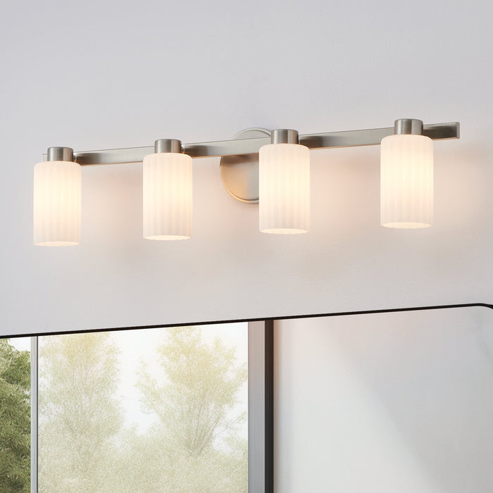 Vanity Light Thesis 207048A Bedminster 30 inch 4 light Brushed Nickel Vanity Light with Etched Opal Ribbed Glass Shades THESIS