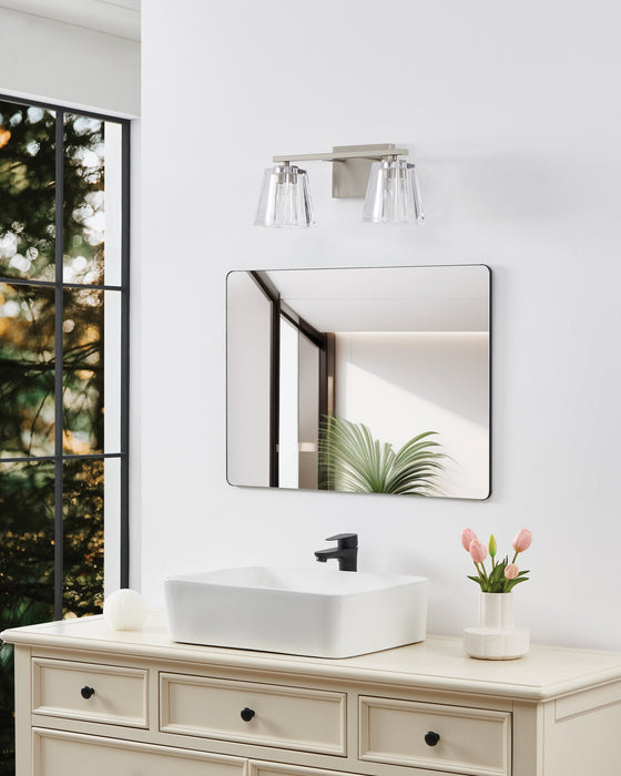 Vanity Light Thesis 206985A Valentin 15 inch 2 light Brushed Nickel Vanity Light with Clear Pressed Glass Shades THESIS