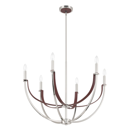 Chandelier Thesis 207373A Sussex 29 inch 6 light Polished Nickel and Dark Brown Faux Leather Chandelier THESIS
