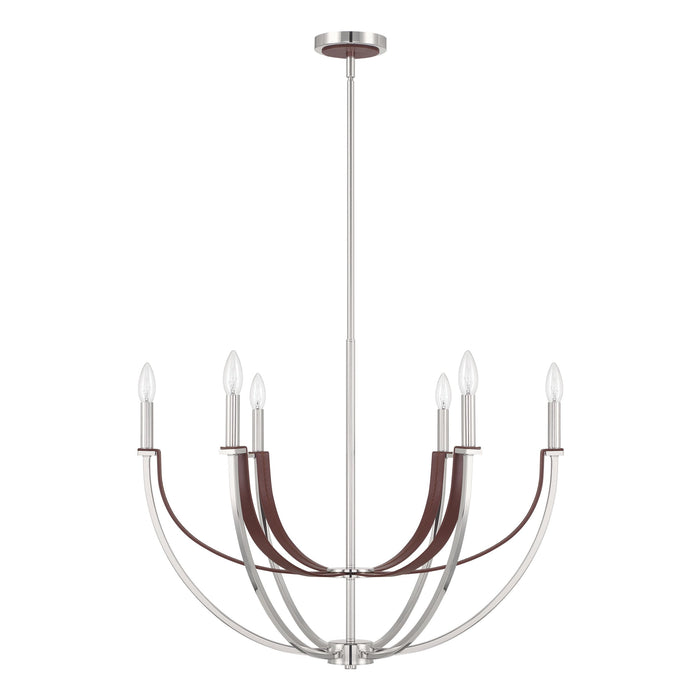 Chandelier Thesis 207373A Sussex 29 inch 6 light Polished Nickel and Dark Brown Faux Leather Chandelier THESIS