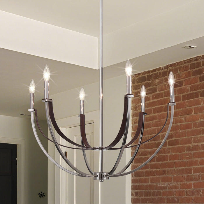 Chandelier Thesis 207373A Sussex 29 inch 6 light Polished Nickel and Dark Brown Faux Leather Chandelier THESIS