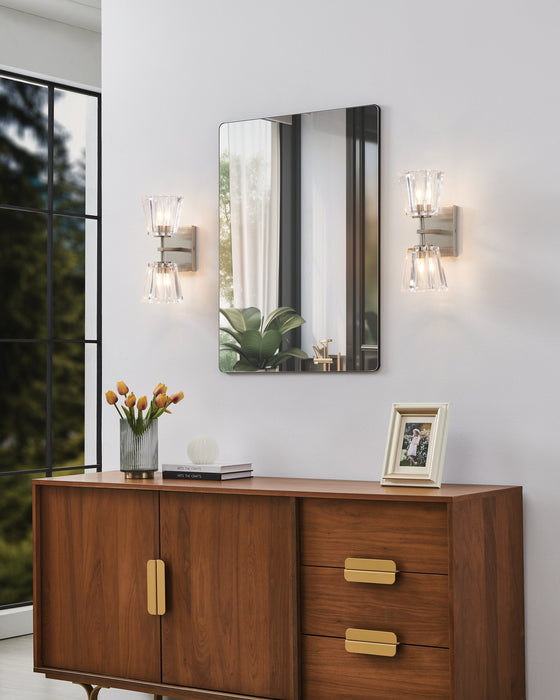 Vanity Light Thesis 206988A Valentin 13 inch 2 light Brushed Nickel Vanity Light with Clear Pressed Glass Shades THESIS