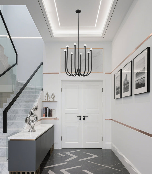 Chandelier Thesis 207263A Dahlia 28 inch 8 light Textured Black Chandelier with Opal Glass Shades THESIS