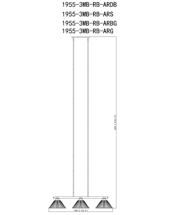 Billiard Z-Lite 1955-3MB-RB-ARDB Matte Black + Rubbed Brass Bronte 3 Light Billiard Z-Lite