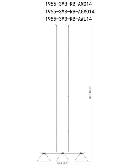 Billiard Z-Lite 1955-3MB-RB-AWL14 Matte Black + Rubbed Brass Bronte 3 Light Billiard Z-Lite