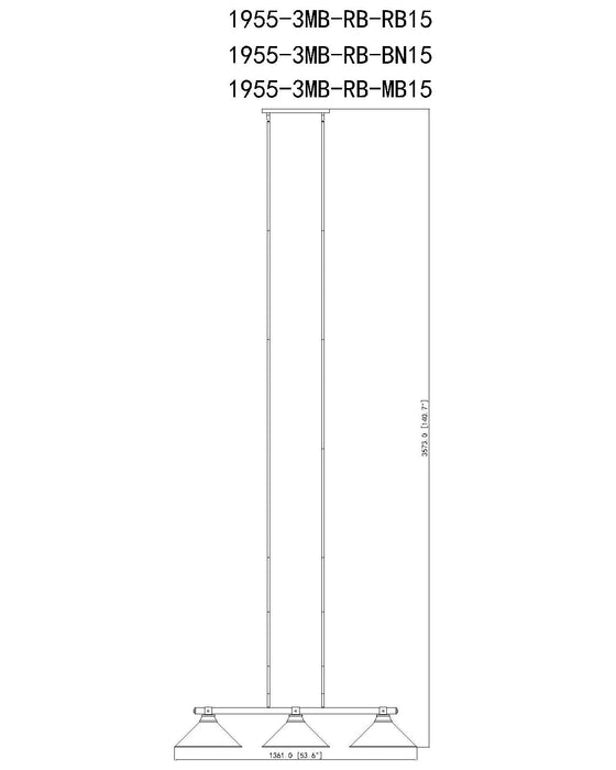 Billiard Z-Lite 1955-3MB-RB-MB15 Matte Black + Rubbed Brass Bronte 3 Light Billiard Z-Lite