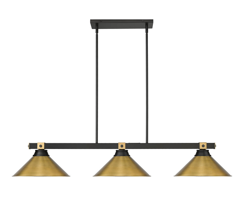 Billiard Z-Lite 1955-3MB-RB-RB15 Matte Black + Rubbed Brass Bronte 3 Light Billiard Z-Lite
