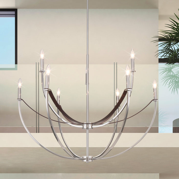 Chandelier Thesis 207375A Sussex 40 inch 9 light Polished Nickel and Dark Brown Faux Leather Chandelier THESIS