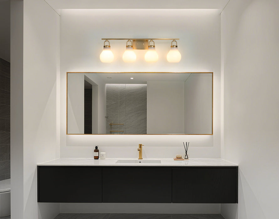 Vanity Light Thesis 207857A Mansfield 34 inch 4 light Champagne Gold Vanity Light with Opal Glass Shades THESIS