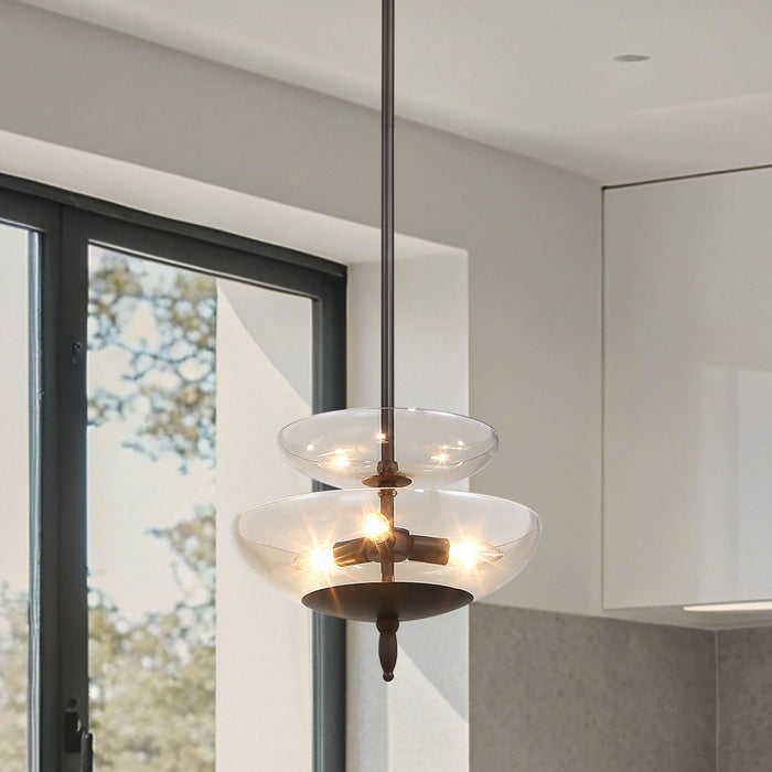 Convertible Pendant Thesis 207785A Fiorello 14 inch 3 light Forged Bronze Convertible Pendant with Smoked Amber Glass Shades THESIS