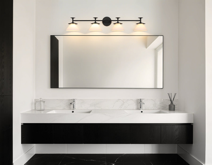 Vanity Light Thesis 207325A Tremolo 42 inch 4 light Matte Black and Champagne Gold Vanity Light with Etched Opal Glass THESIS