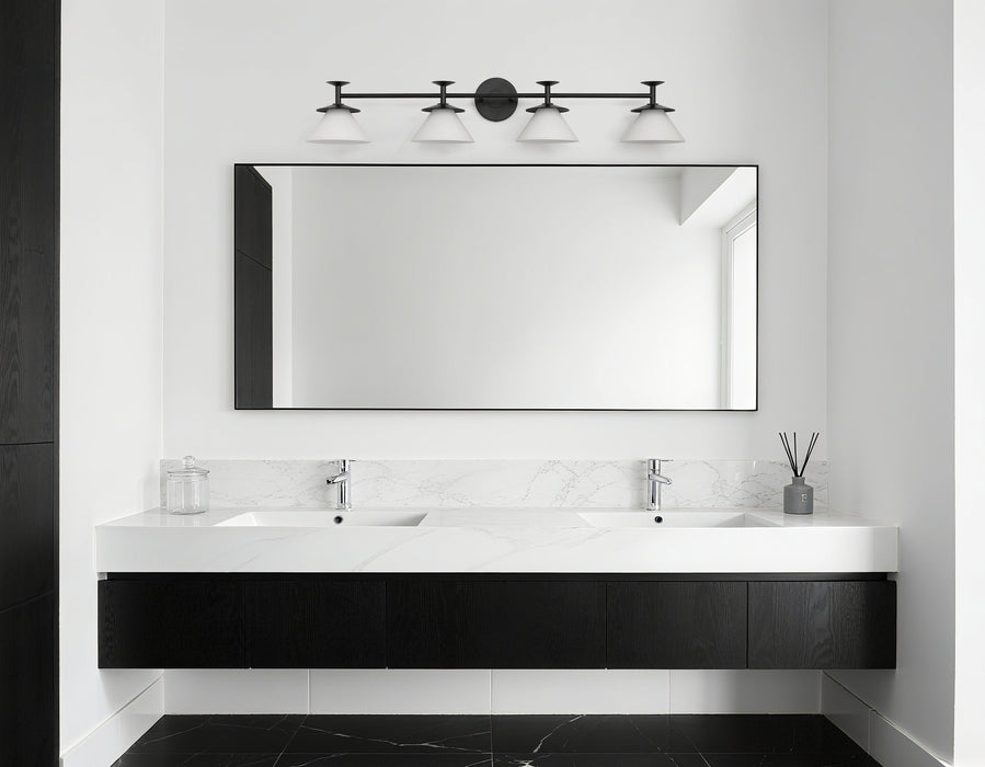 Vanity Light Thesis 207325A Tremolo 42 inch 4 light Matte Black and Champagne Gold Vanity Light with Etched Opal Glass THESIS