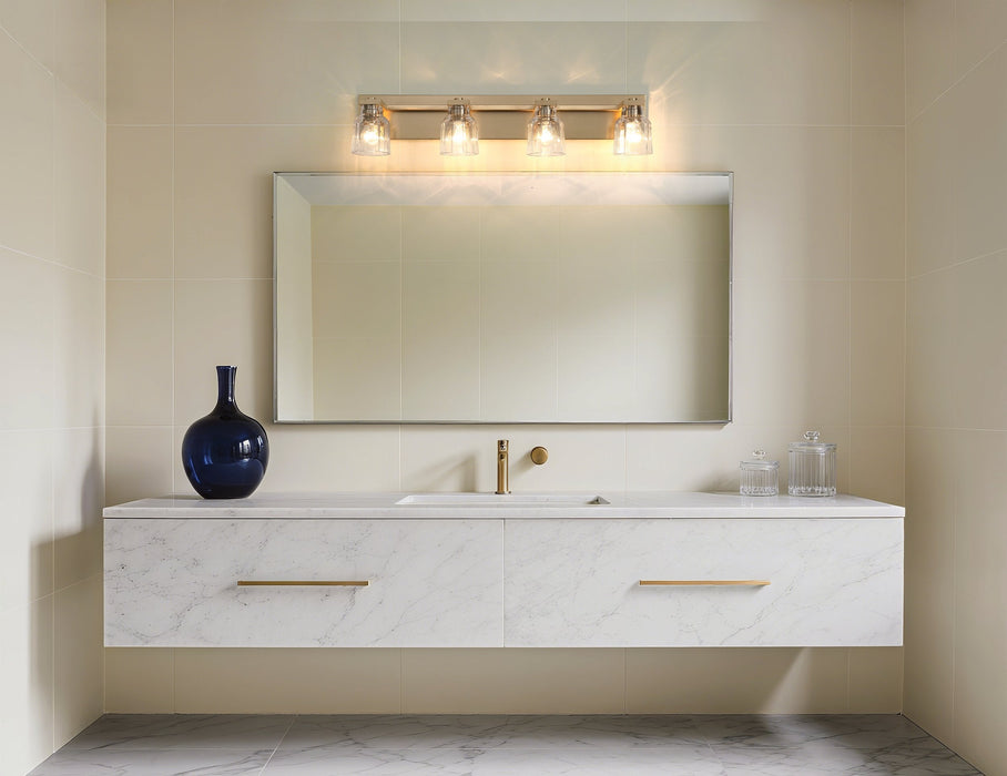 Vanity Light Thesis 207668A Dryden 32 inch 4 light Champagne Gold Vanity Light with Clear Ribbed Glass Shades THESIS