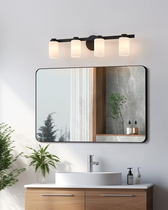 Vanity Light Thesis 207044A Bedminster 30 inch 4 light Matte Black Vanity Light with Etched Opal Ribbed Glass Shades THESIS
