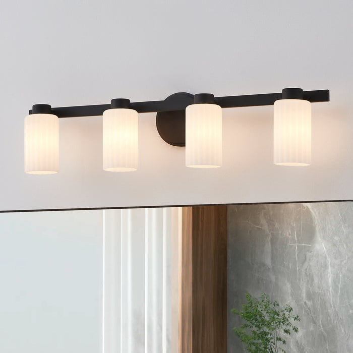 Vanity Light Thesis 207044A Bedminster 30 inch 4 light Matte Black Vanity Light with Etched Opal Ribbed Glass Shades THESIS