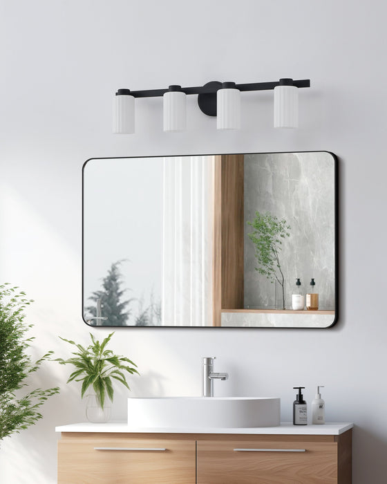 Vanity Light Thesis 207044A Bedminster 30 inch 4 light Matte Black Vanity Light with Etched Opal Ribbed Glass Shades THESIS