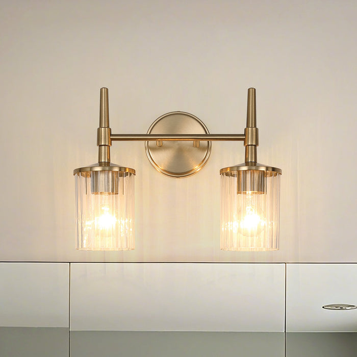 Vanity Light Thesis 207693A Andrea 15 inch 2 light Champagne Gold Vanity Light with Clear Ribbed Glass Shades THESIS