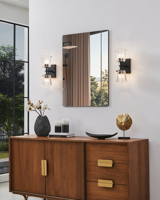 Vanity Light Thesis 206986A Valentin 13 inch 2 light Matte Black Vanity Light with Clear Pressed Glass Shades THESIS