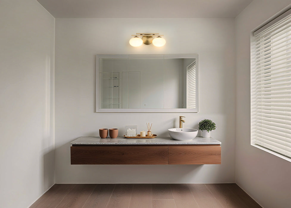 Vanity Light Thesis 207383A Julep 16 inch 2 light Brushed Gold Vanity Light with Opal Glass Shades THESIS