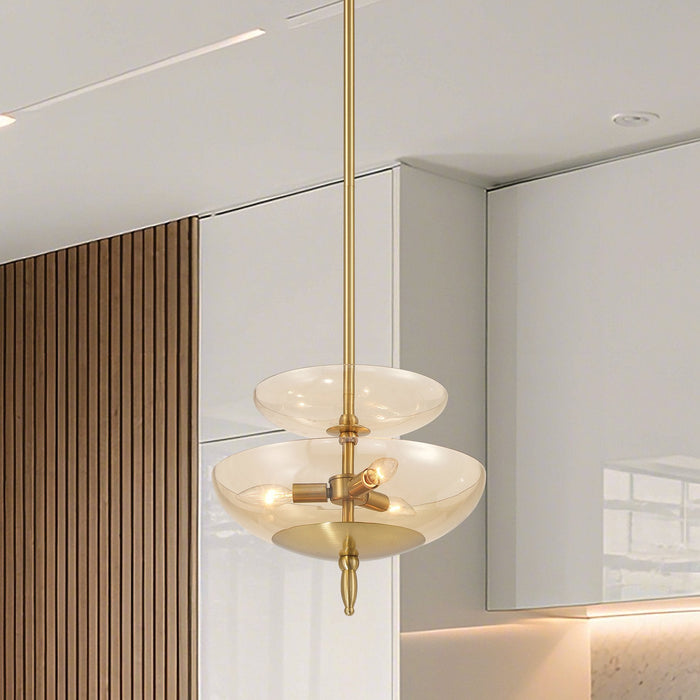 Convertible Pendant Thesis 207784A Fiorello 14 inch 3 light Brushed Gold Convertible Pendant with Smoked Amber Glass Shades THESIS