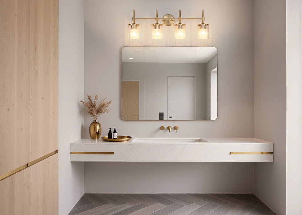 Vanity Light Thesis 207695A Andrea 32 inch 4 light Champagne Gold Vanity Light with Clear Ribbed Glass Shades THESIS