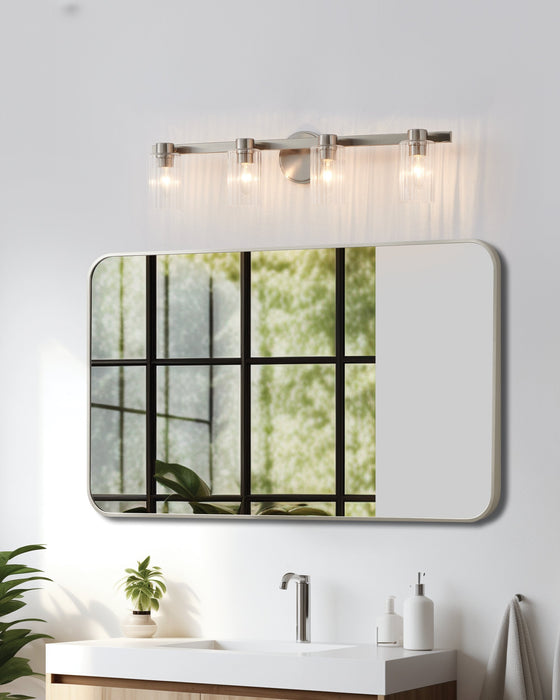 Vanity Light Thesis 207047A Bedminster 30 inch 4 light Brushed Nickel Vanity Light with Clear Ribbed Glass Shades THESIS