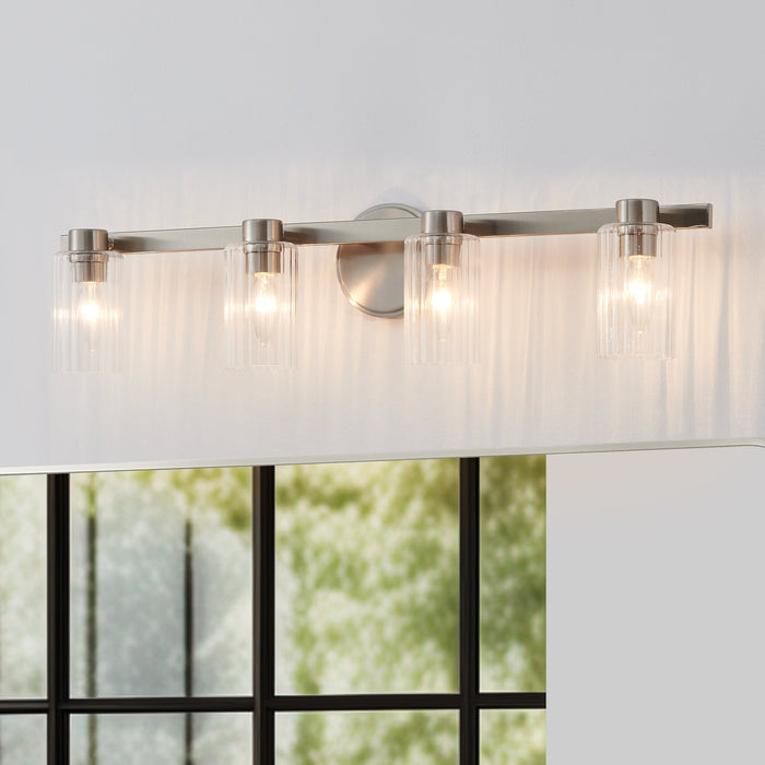 Vanity Light Thesis 207047A Bedminster 30 inch 4 light Brushed Nickel Vanity Light with Clear Ribbed Glass Shades THESIS