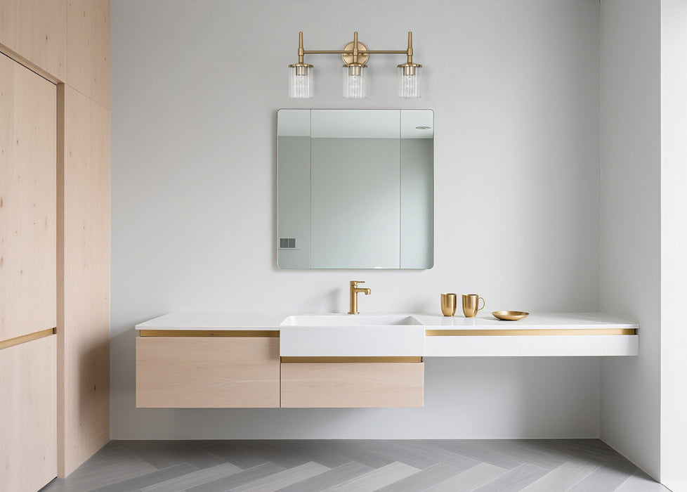 Vanity Light Thesis 207694A Andrea 24 inch 3 light Champagne Gold Vanity Light with Clear Ribbed Glass Shades THESIS