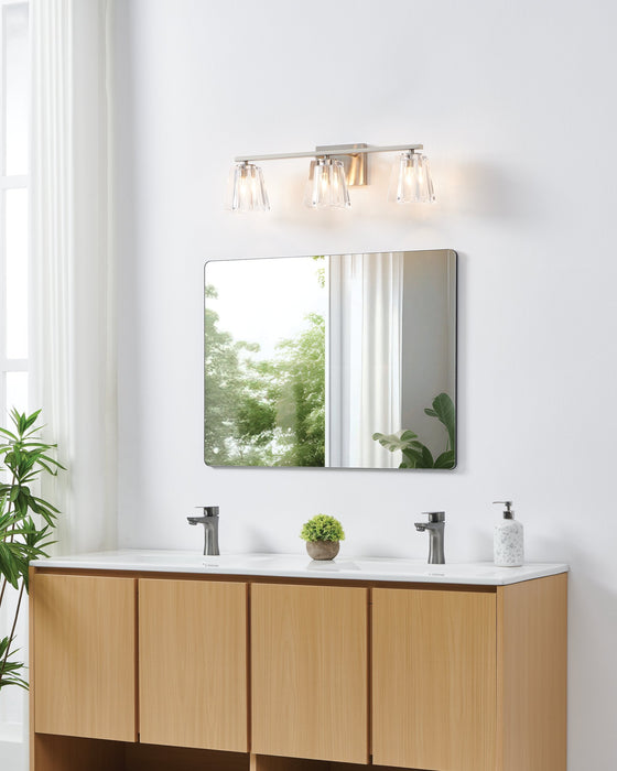 Vanity Light Thesis 206992A Valentin 24 inch 3 light Brushed Nickel Vanity Light with Clear Pressed Glass Shades THESIS