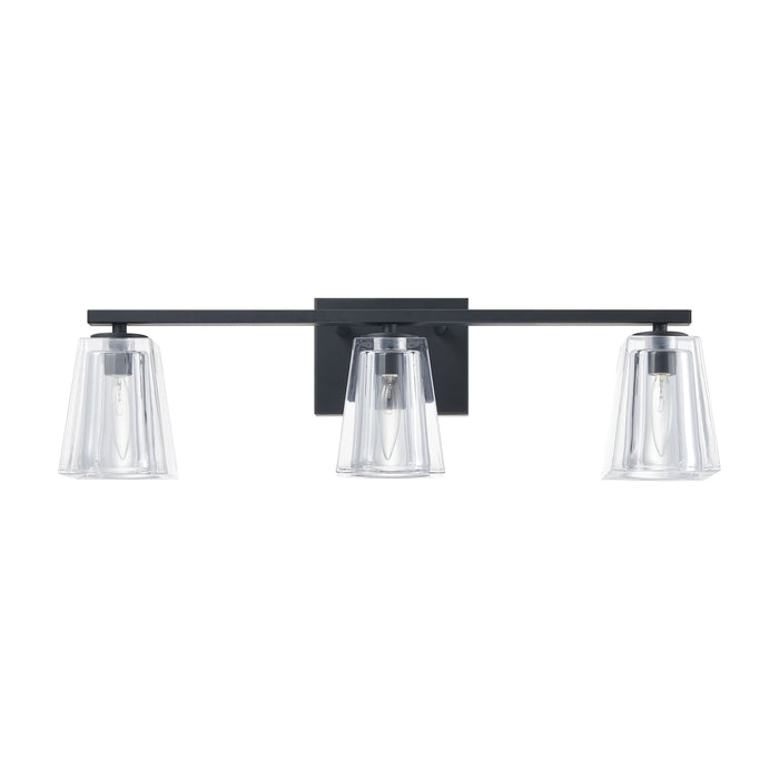 Vanity Light Thesis 206989A Valentin 24 inch 3 light Matte Black Vanity Light with Clear Pressed Glass Shades THESIS