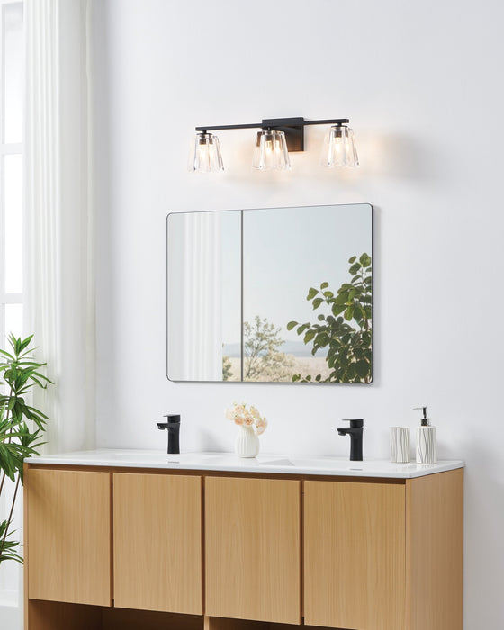 Vanity Light Thesis 206989A Valentin 24 inch 3 light Matte Black Vanity Light with Clear Pressed Glass Shades THESIS