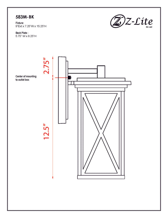Outdoor Wall Light Z-Lite 583M-BK Black Brookside 1 Light Outdoor Wall Light Z-Lite