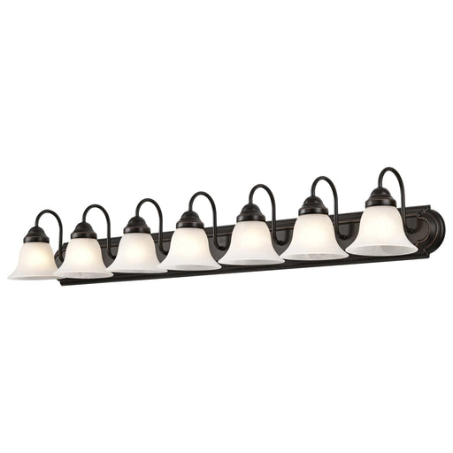 Vanity Nuvo 60-292 Ballerina - 7 Light - 48 in. - Vanity with Alabaster Glass Bell Shades - Old Bronze Finish Nuvo