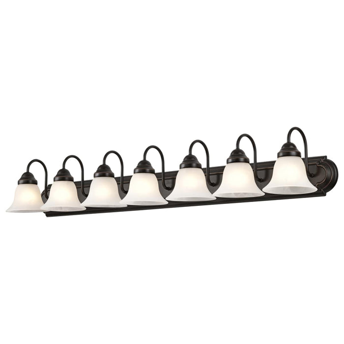 Vanity Nuvo 60-292 Ballerina - 7 Light - 48 in. - Vanity with Alabaster Glass Bell Shades - Old Bronze Finish Nuvo