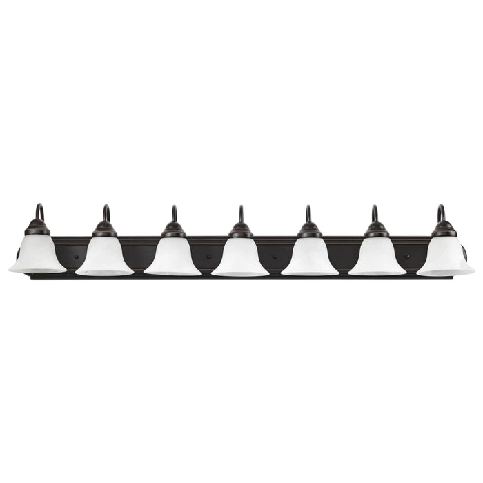Vanity Nuvo 60-292 Ballerina - 7 Light - 48 in. - Vanity with Alabaster Glass Bell Shades - Old Bronze Finish Nuvo