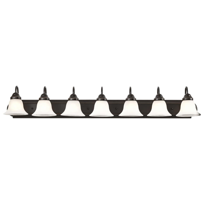 Vanity Nuvo 60-292 Ballerina - 7 Light - 48 in. - Vanity with Alabaster Glass Bell Shades - Old Bronze Finish Nuvo