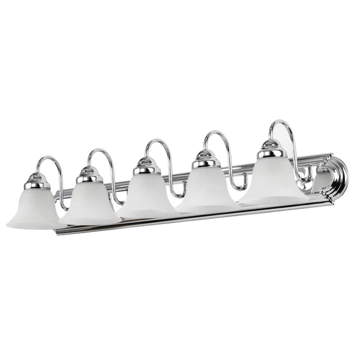 Vanity Nuvo 60-319 Ballerina - 5 Light - 36 in. - Vanity with Alabaster Glass Bell Shades - Polished Chrome Finish Nuvo