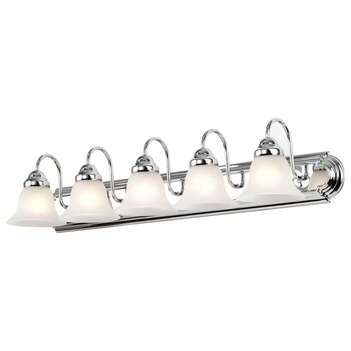 Vanity Nuvo 60-319 Ballerina - 5 Light - 36 in. - Vanity with Alabaster Glass Bell Shades - Polished Chrome Finish Nuvo