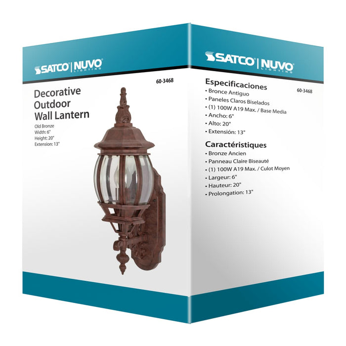 Wall Lantern Nuvo 60-3468 Central Park - 1 Light - 20 in. - Wall Lantern with Clear Beveled Glass - Color retail packaging - Old Bronze Finish Nuvo