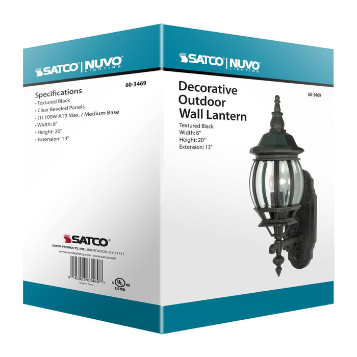 Wall Lantern Nuvo 60-3469 Central Park - 1 Light - 20 in. - Wall Lantern with Clear Beveled Glass - Color retail packaging - Textured Black Finish Nuvo