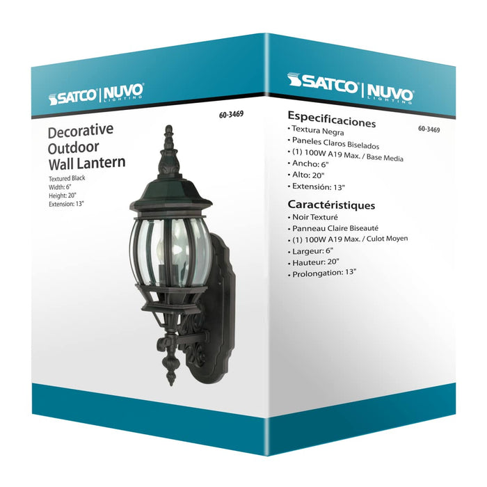Wall Lantern Nuvo 60-3469 Central Park - 1 Light - 20 in. - Wall Lantern with Clear Beveled Glass - Color retail packaging - Textured Black Finish Nuvo