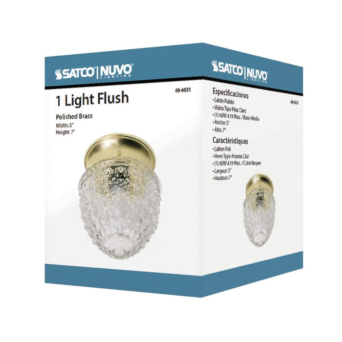 Flush Mount Nuvo 60-6031 1 Light - 6 in. - Ceiling Fixture - Clear Pineapple Glass - Color retail packaging - Polished Brass Finish Nuvo