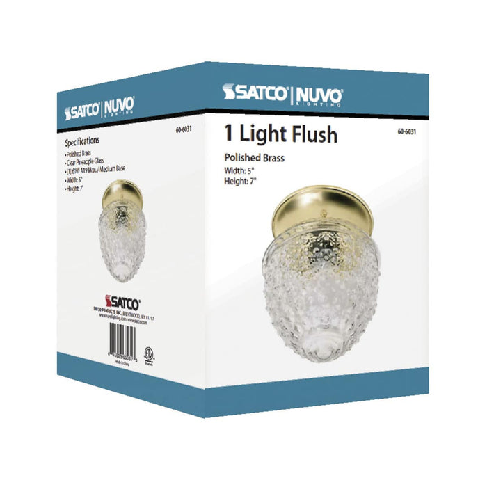 Flush Mount Nuvo 60-6031 1 Light - 6 in. - Ceiling Fixture - Clear Pineapple Glass - Color retail packaging - Polished Brass Finish Nuvo