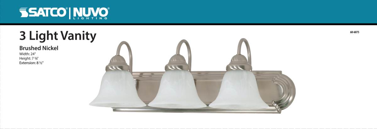 Vanity Nuvo 60-6075 Ballerina - 3 Light - 24 in. - Vanity with Alabaster Glass Bell Shades - Color retail packaging - Brushed Nickel Finish Nuvo