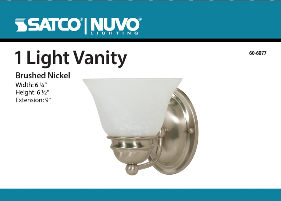 Vanity Nuvo 60-6077 Empire - 1 Light - 7 in. - Vanity with Alabaster Glass Bell Shades - Color retail packaging - Brushed Nickel Finish Nuvo